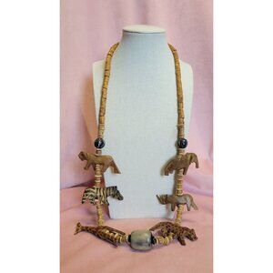 Faux Wooden Animal Safari Elephant Giraffe Zebra Statement Necklace N1F